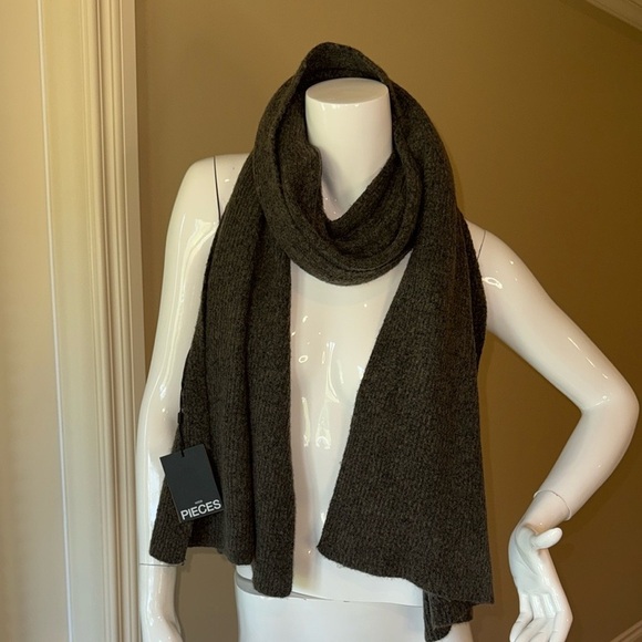 Pieces Cashmere Wool Blend Wrap Scarf Heathered Brown Knit Soft Feminine Warm - Picture 1 of 8
